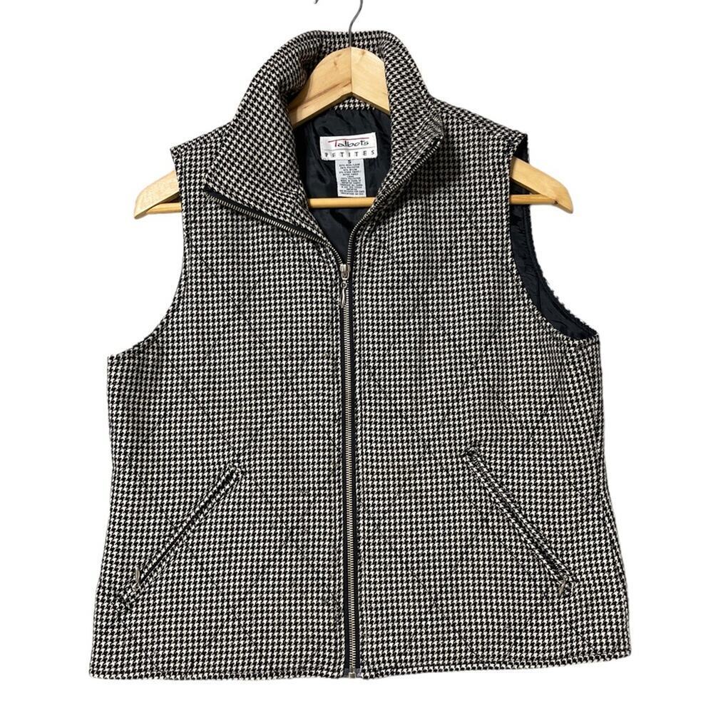 Talbots Houndstooth Plaid Quilted Vest White Black Size S